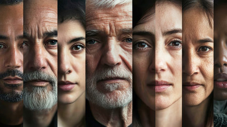 A striking representation of age and cultural diversity, featuring unique facial expressions. This artistic collage captures the beauty of humanity's varying experiences.の素材