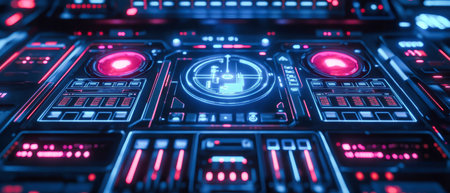 A dynamic control panel pulses with neon blue hues, featuring a holographic interface and intricate buttons, showing advanced technology in a sleek form.の素材