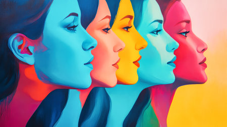 A vivid composition showcases a group of European women in profile, rendered in vibrant colors and geometric shapes, celebrating diversity and female empowerment.の素材