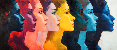 Abstract portrayal showcases diverse women's faces in a spectrum of colors, reflecting gender equality and emotional depth through bold contrasting tones.の素材