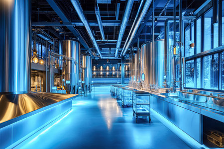 A large distillation plant with sleek stainless steel tanks lit in blue creates a vibrant industrial atmosphere filled with advanced brewing equipment.の素材
