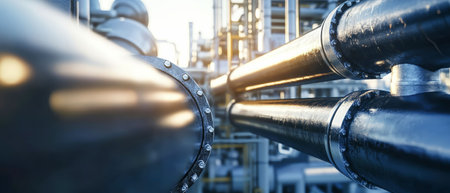 Sunlight reflects off sleek black oil pipelines in a busy petrochemical facility, highlighting the intricate network that powers the global oil and gas industry.の素材