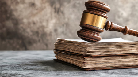 A beautifully crafted wooden gavel rests on a stack of documents, showing its polished surface and highlighting the subtle textures of the paper underneath.の素材