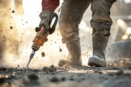 A construction worker uses an electric jackhammer to break through concrete, generating dust and sparks while wearing protective gear for safety during the job.の素材