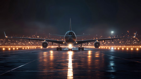 This striking visual features a futuristic wireframe airplane set on a dark runway, illuminated by distant city lights, exuding a sleek and modern atmosphere.の素材