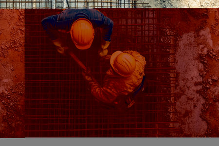 Workers wearing yellow hard hats engage in a task on a steel mesh wall, showcasing teamwork and dedication under bright daylight.の素材
