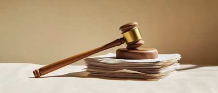 A polished wooden gavel rests on a stack of neat papers, soft studio lighting enhancing its textures and creating an air of professionalism.の素材