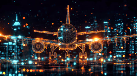A stunning 3D wireframe airplane glides above a city aglow with colorful lights, capturing the essence of a dynamic urban night in an oil painting aesthetic.の素材