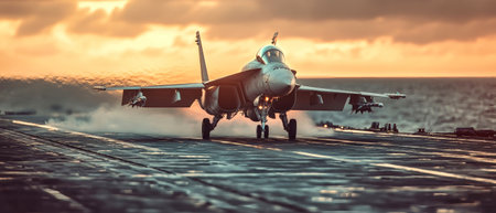 A sleek fighter jet launches from the deck of an aircraft carrier, illuminated by the warm hues of the setting sun, capturing the essence of naval aviation.の素材