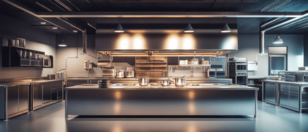 Bright spotlights shine on an empty kitchen with sleek stainless steel appliances, spacious tables, and cooking gear ready for culinary creativity.の素材