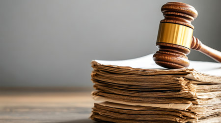 A polished wooden gavel is gracefully positioned on a pile of documents, showing a blend of craftsmanship and formality in a subdued gray setting.の素材