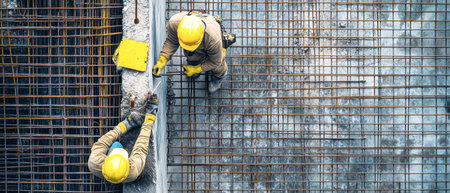 Two construction workers are diligently installing steel mesh for a concrete wall, utilizing tools and teamwork in broad daylight, showcasing professional dedication.の素材