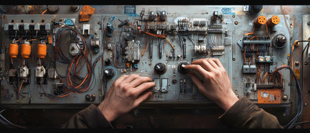 Close-up view of hands engaged in the meticulous task of wiring and adjusting components on an electrical panel, highlighting craftsmanship and precision.の素材