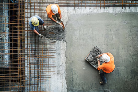 Hard at work, two construction workers pour cement and secure steel mesh for rebar atop a high rise building, showcasing skilled labor in action.の素材