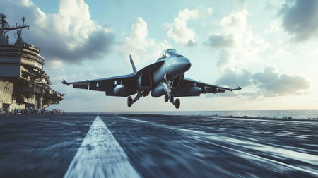 A sleek fighter jet takes off from the deck of an aircraft carrier, roaring into the sky as the sun sets, casting a golden glow over the ocean waves and clouds.の素材