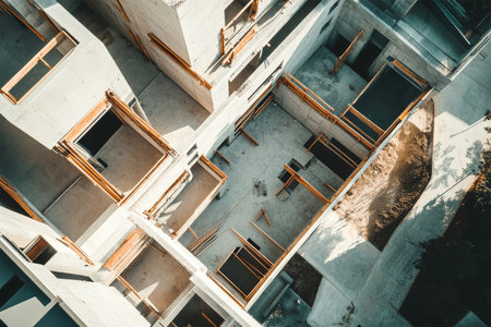 A construction site reveals the intricate process of building a white apartment complex.の素材