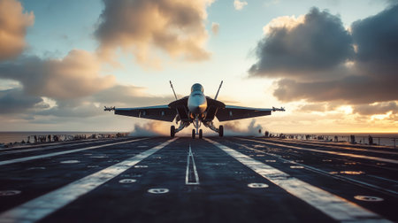 A sleek fighter jet launches from the deck of an aircraft carrier, captured in low angle against a dramatic sunset sky, showcasing precision and power.の素材