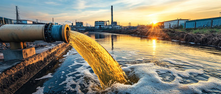 A water pipe pours a bright yellow liquid into a river against the backdrop of an industrial area, as the sun sets, reflecting off the water's surface.の素材
