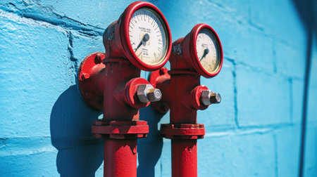 Red pressure gauges mounted on industrial fire hydrants stand out against a vivid blue wall, illuminated by warm sunlight, showing detailed craftsmanship and design.の素材