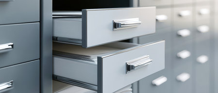 Drawers of a sleek filing cabinet are open, showing a collection of organized documents in a vibrant workspace filled with natural light.の素材