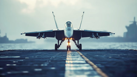 A powerful fighter jet ascends gracefully from an aircraft carrier, capturing a striking cinematic perspective against a tranquil morning backdrop over the sea.の素材