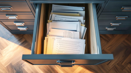 Elevate your workspace aesthetics with this captivating perspective of a well-organized filing cabinet showcasing neatly arranged documents waiting to be discovered.の素材