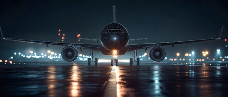 A striking low-angle view captures a 3D wireframe airplane on a runway, glowing city lights in the background creating an atmospheric contrast at night.の素材