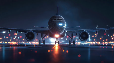 A 3D wireframe airplane stands ready on the runway, illuminated by vibrant city lights in the background, showing futuristic design and realism.の素材