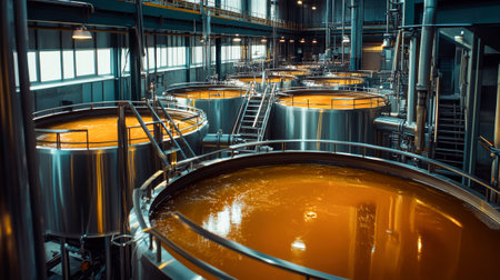 In a dimly lit craft brewery, large stainless steel tanks brim with orange liquid, showing the intriguing process of beer production in a contemporary atmosphere.の素材