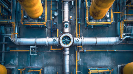 View of interconnected metal pipes and electrical equipment in a large facility, designed for efficient water supply management, featuring sleek and shiny surfaces.の素材