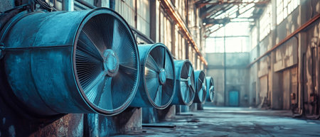 Industrial air conditioner fans line the walls of a spacious warehouse, catching bright sunlight and casting deep, angular shadows on the floor.の素材