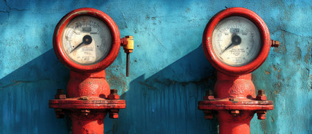 Close-up view of vibrant red fire hydrants showcasing pressure gauges set against a rustic blue backdrop, illuminated by bright sunlight, exuding industrial charm.の素材
