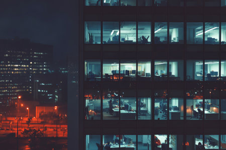 Brightly lit office building showcases dedicated individuals working late, illuminated rows of desks create a dynamic urban atmosphere under the city lights.の素材