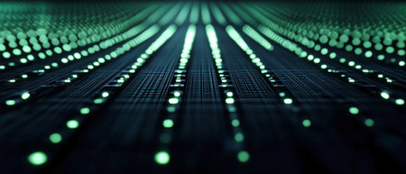 Rows of luminous green binary code stretch across a dark background, evoking a futuristic digital landscape inspired by advanced technology and cinematic aesthetics.の素材