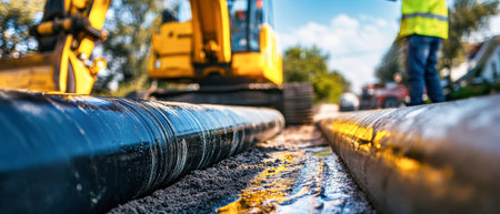 Sunlight illuminates a construction worker guiding a yellow excavator as it skillfully installs new pipes along the roadside, enhancing urban infrastructure.の素材