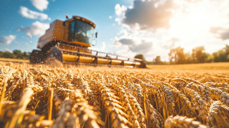 A combine harvester skillfully gathers ripened wheat amidst a vibrant landscape, bathed in warm sunlight with soft clouds above, evoking harvest time magic.の素材