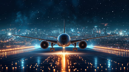 A sleek airplane with wings spread stands illuminated on the runway, surrounded by city lights against a dark backdrop, showcasing a futuristic wireframe style.の素材