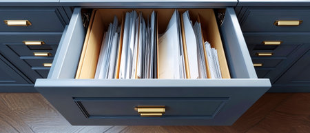 This open filing cabinet reveals neatly stacked documents, showing sleek design elements and a modern rustic aesthetic that enhances organization.の素材