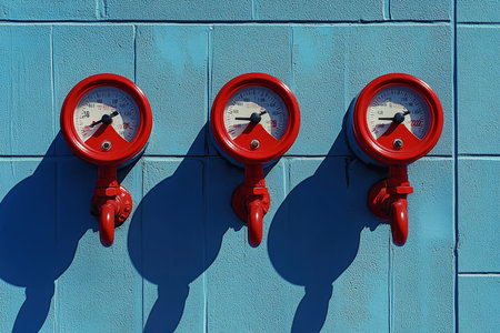 Vibrant red gauges and V-shaped faucets shine against a cool blue wall, showcasing pressure measurements in a unique industrial setting with sunlight reflections.の素材
