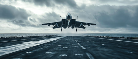 A sleek fighter jet ascends into the sky from the deck of an aircraft carrier, captured at a low angle amidst a moody overcast atmosphere, embodying power and speed.の素材