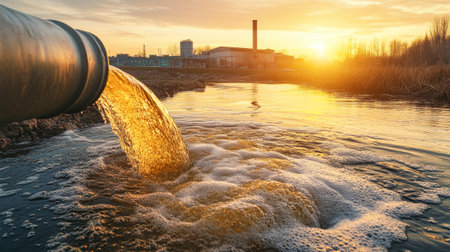 Golden water flows rapidly from a pipe into a river at sunset, illuminating the backdrop of an industrial park with shimmering reflections along the water's edge.の素材