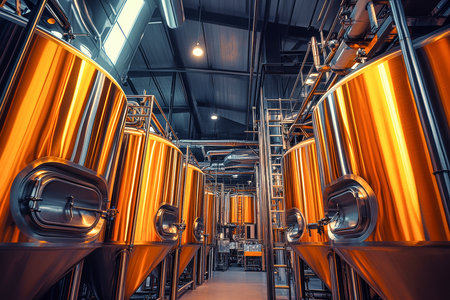 Dive into the world of beer production, featuring sleek stainless steel tanks brimming with orange liquid, intricate piping, and ladders amidst cinematic lighting.の素材
