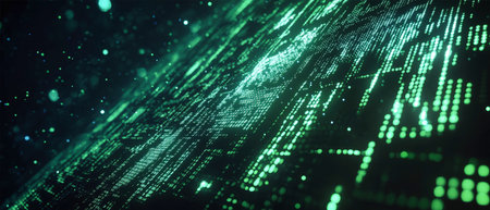 Rows of vibrant green binary code fill the dark backdrop, creating a striking digital landscape ideal for tech-inspired projects or design concepts.の素材