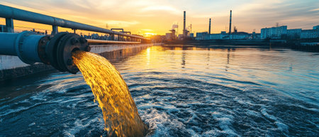 A vivid contrast of colors emerges as yellow liquid flows from a water pipe into a river, surrounded by an industrial landscape and a stunning sunset.の素材
