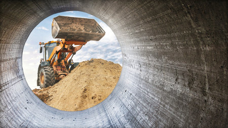A loader is seen lifting dirt out of a tunnel at a construction site. The sun shines brightly, illuminating the task ahead and surrounding area.の写真素材