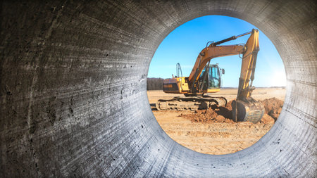 An excavator works diligently at a construction site, digging earth beneath a large pipe on a sunny day with a clear blue sky in the background.の写真素材