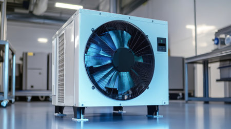 Central air conditioning systems with robust outdoor units provide powerful cooling in a spacious factory environment, featuring advanced air filtration.の素材