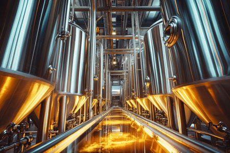 Modern brewery filled with glaming stainless steel tanks containing rich amber liquid, illuminated by cinematic lighting that enhances the industrial atmosphere.の素材