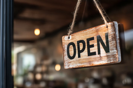 A rustic open sign hangs from a door in a coffee shop, inviting patrons to enter. The warm lighting creates a cozy atmosphere perfect for relaxation.の素材