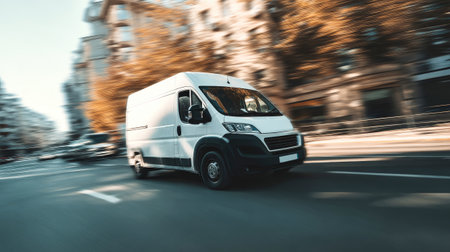 A white delivery van races along bustling city streets in daylight, surrounded by a blurred cityscape, perfect for branding and design mockups.の素材